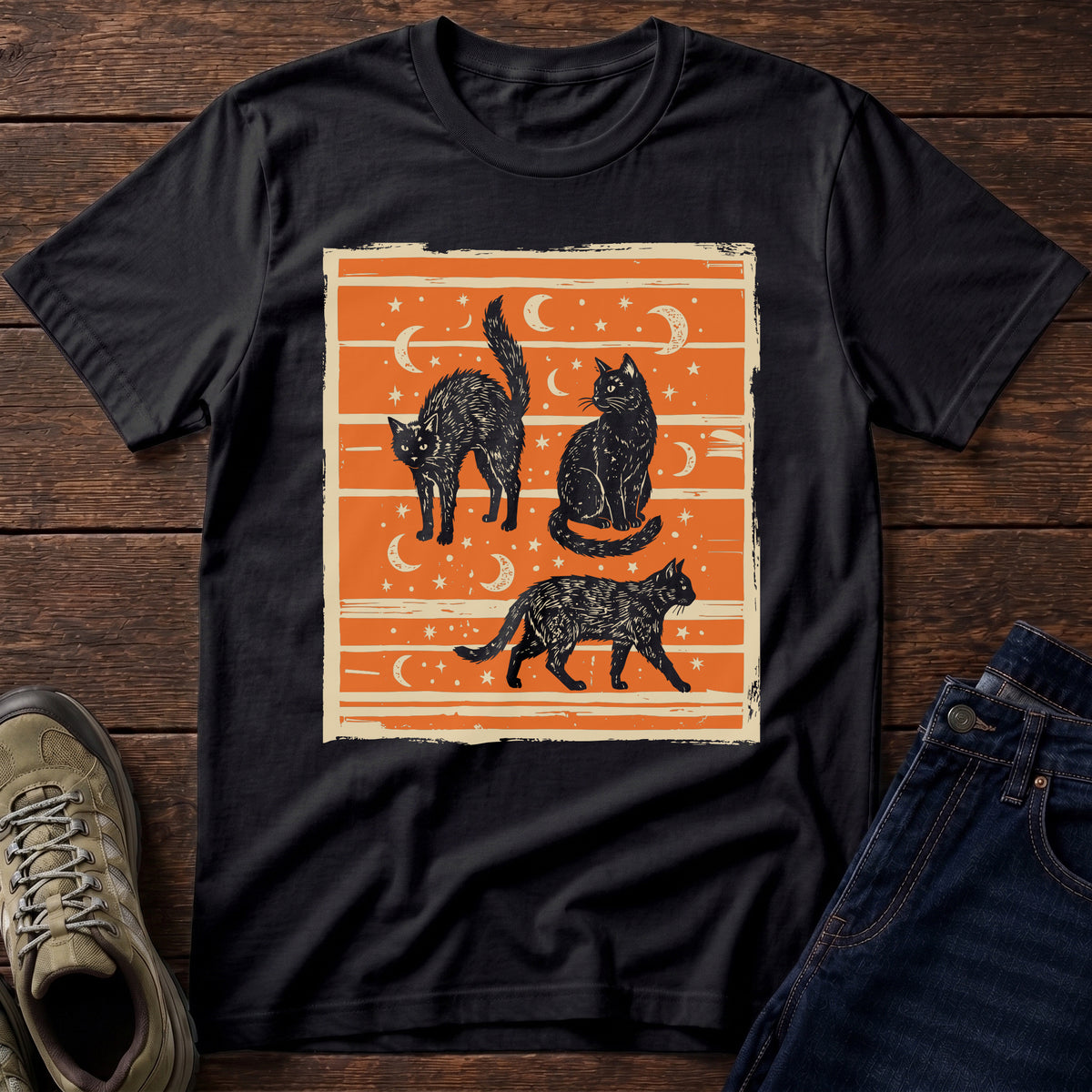 Retro Halloween Cats T-Shirt — Vintage Orange Moon & Stars Graphic