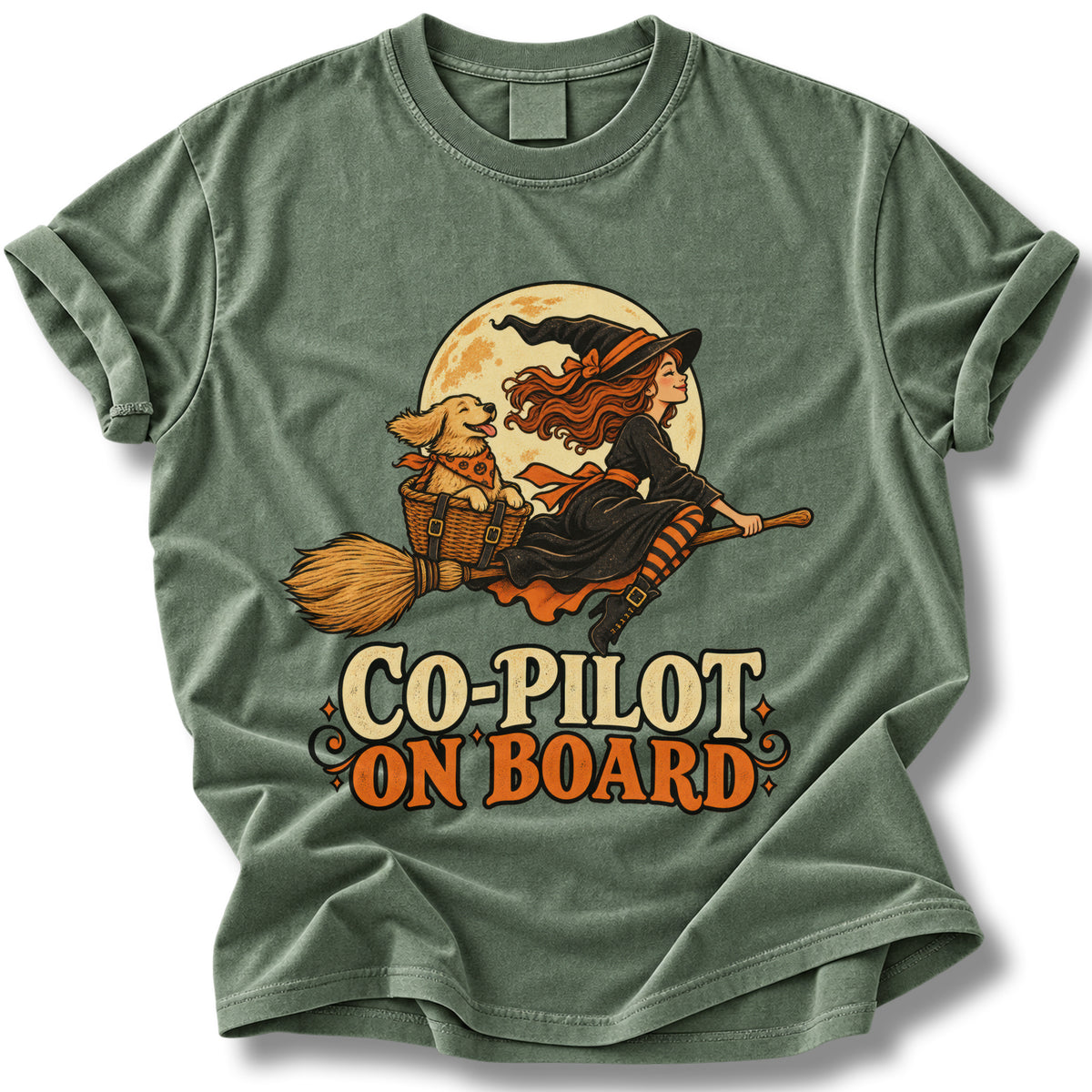 Co-Pilot on Board Halloween Shirt | Witch and Dog Broomstick Tee