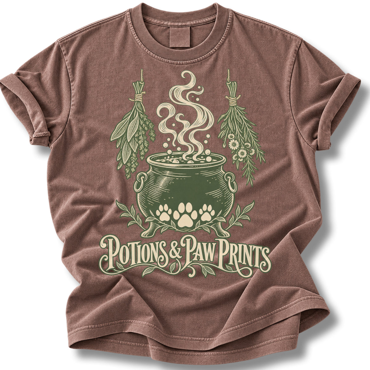 Potions & Paw Prints Halloween Shirt | Green Herbal Cauldron Dog Tee