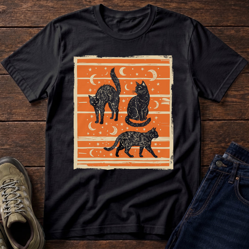 Retro Halloween Cats T-Shirt — Vintage Orange Moon & Stars Graphic