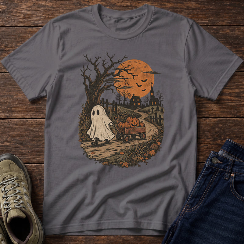 Halloween Ghost & Teddy T-Shirt — Spooky Night Pumpkin Wagon Design