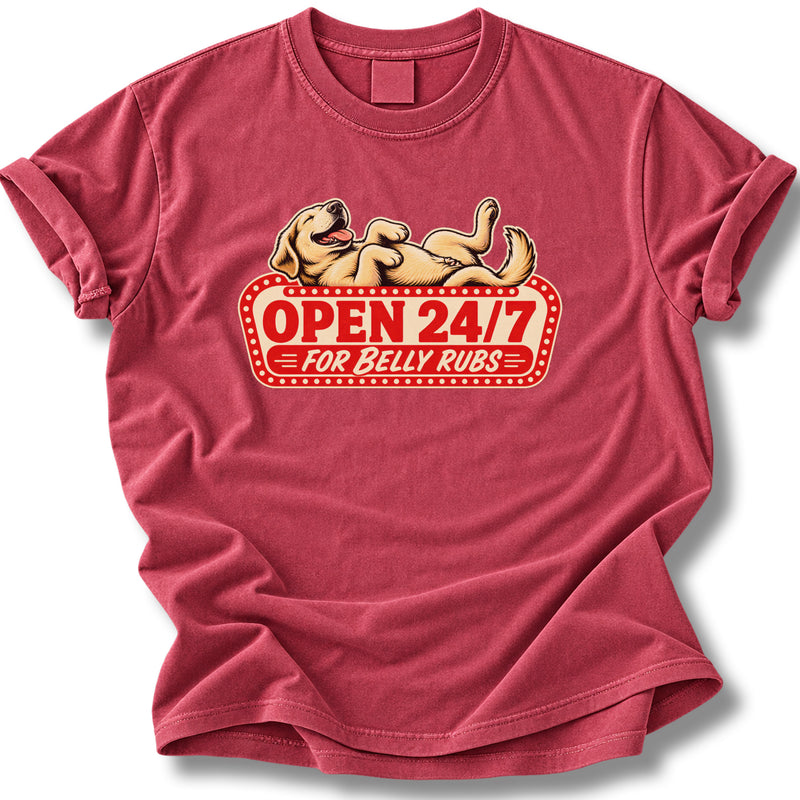 Open 24/7 For Belly Rubs Dog Shirt | Funny Golden Retriever Tee