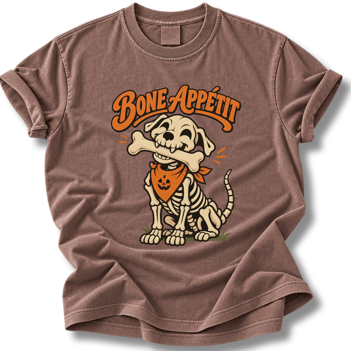 Bone Appétit Halloween Shirt | Pumpkin Bandana Skeleton Dog Tee