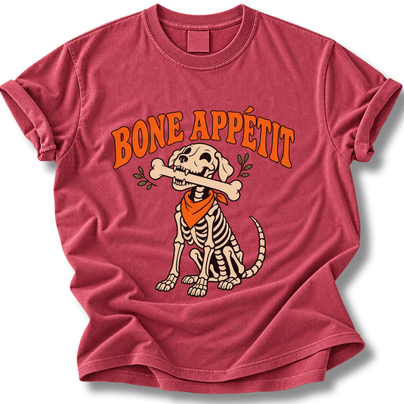 Bone Appétit Halloween Shirt | Orange Bandana Skeleton Dog Tee