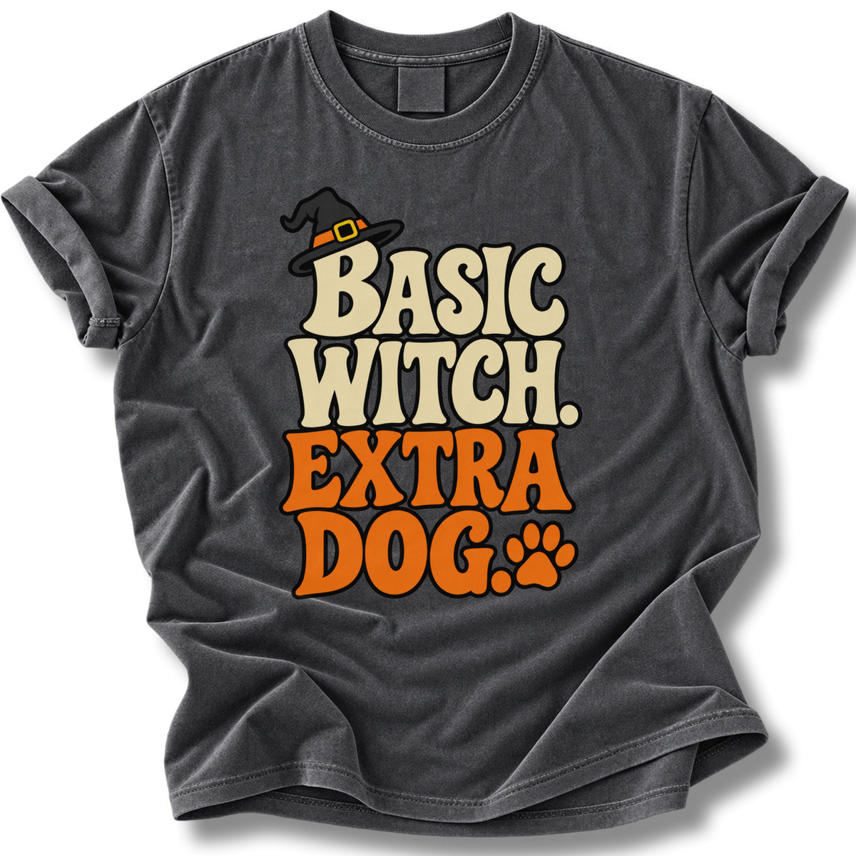 Basic Witch. Extra Dog. Halloween Shirt | Bold Paw Print Lettering Tee