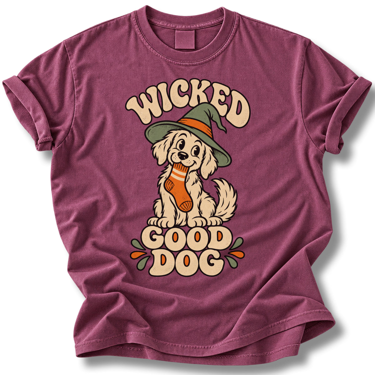 Wicked Good Dog Halloween Shirt | Green Witch Hat Sock-Stealing Pup Tee