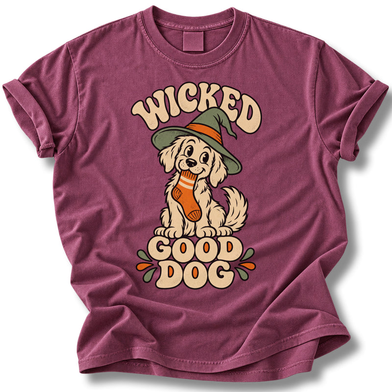 Wicked Good Dog Halloween Shirt | Green Witch Hat Sock-Stealing Pup Tee