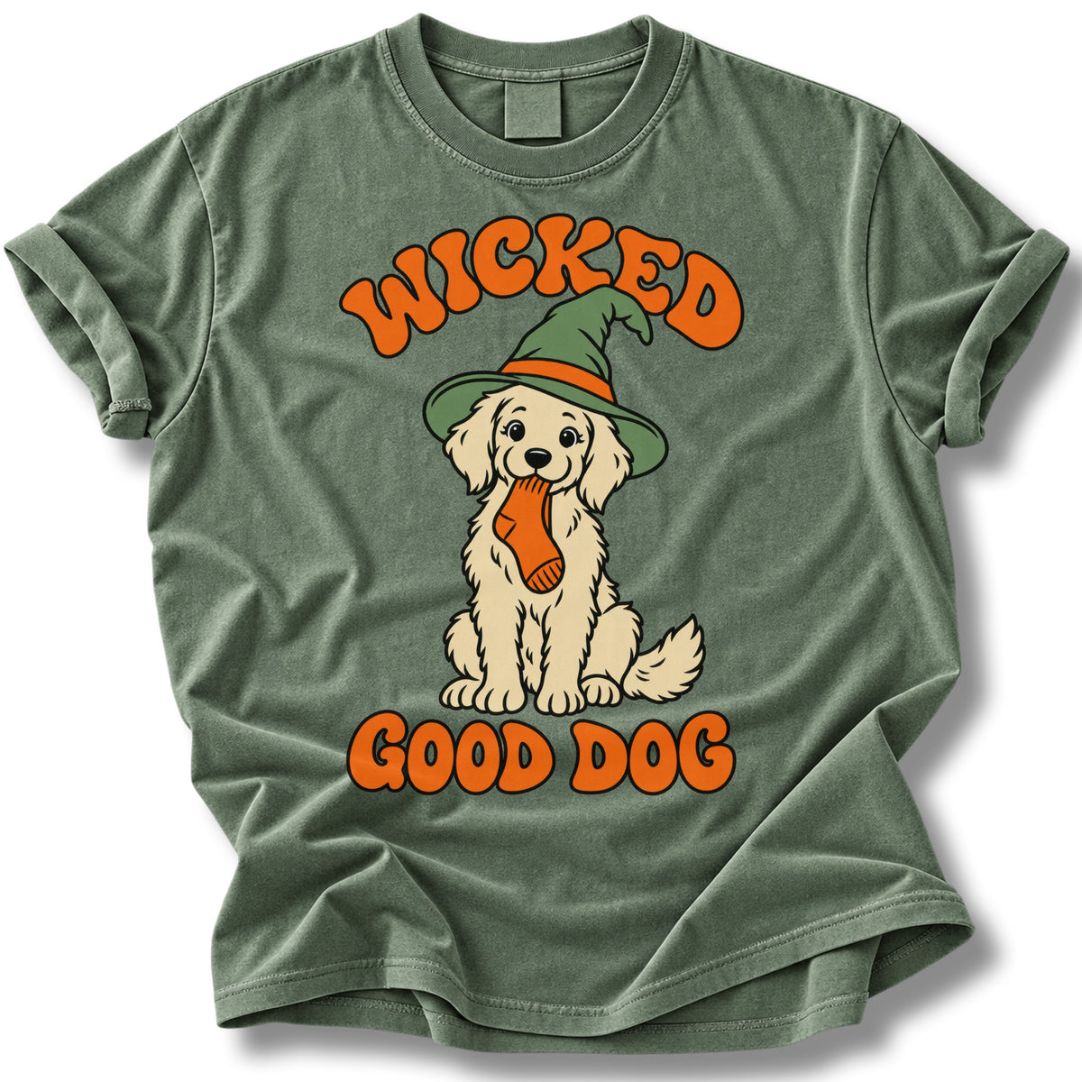 Wicked Good Dog Halloween Shirt | Orange Lettering Witch Puppy Tee