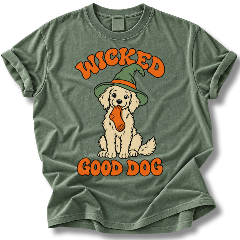 Wicked Good Dog Halloween Shirt | Orange Lettering Witch Puppy Tee