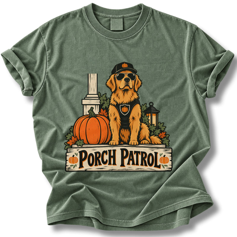 Porch Patrol Halloween Shirt | Golden Retriever Pumpkin Security Tee