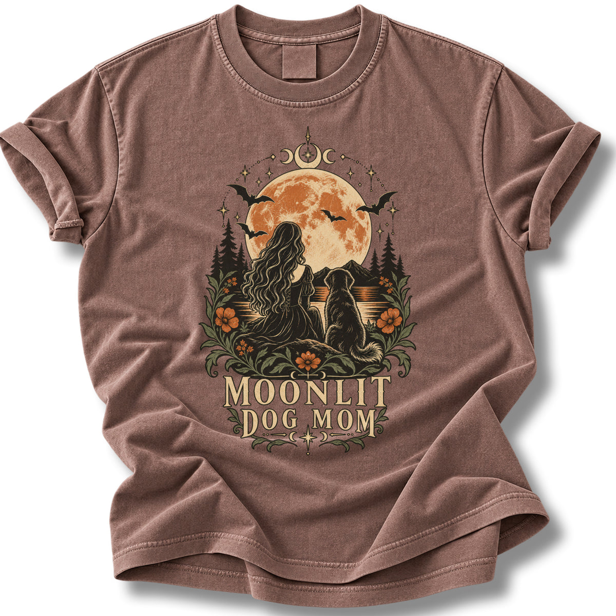 Moonlit Dog Mom Halloween Shirt | Woman and Dog Full Moon Forest Tee